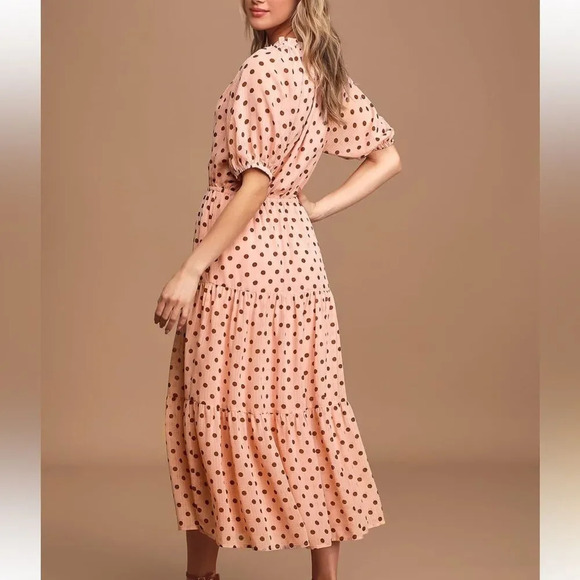 Lulus Love You Tier-ly Women's‎ Blush Pink Polka Dot Tiered Midi Dress Medium - Picture 3 of 12